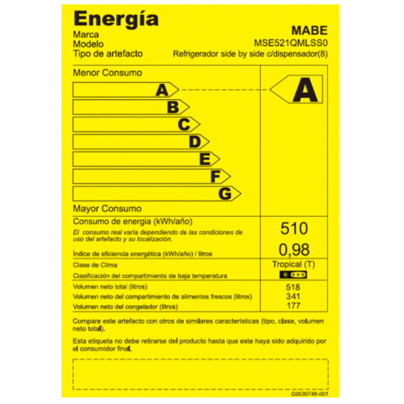 REFRIGERADORA MABE MSE521QMLSS0| 565 LITROS SIDE BY SIDE