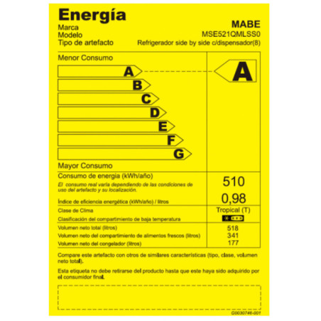REFRIGERADORA MABE MSE521QMLSS0| 565 LITROS SIDE BY SIDE