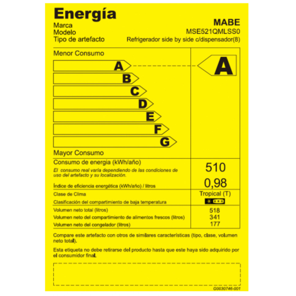 REFRIGERADORA MABE MSE521QMLSS0| 565 LITROS SIDE BY SIDE