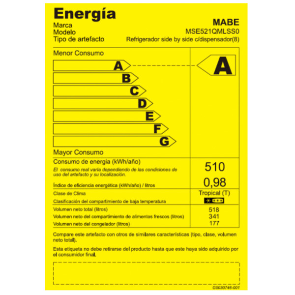 REFRIGERADORA MABE MSE521QMLSS0| 565 LITROS SIDE BY SIDE